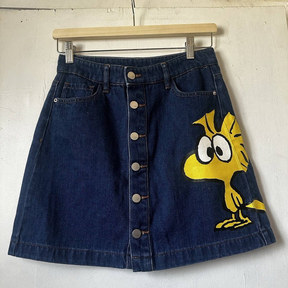 Ochirly x Peanuts Woodstock Snoopy Denim Button Down Mini Skirt Women Sz Sm/M